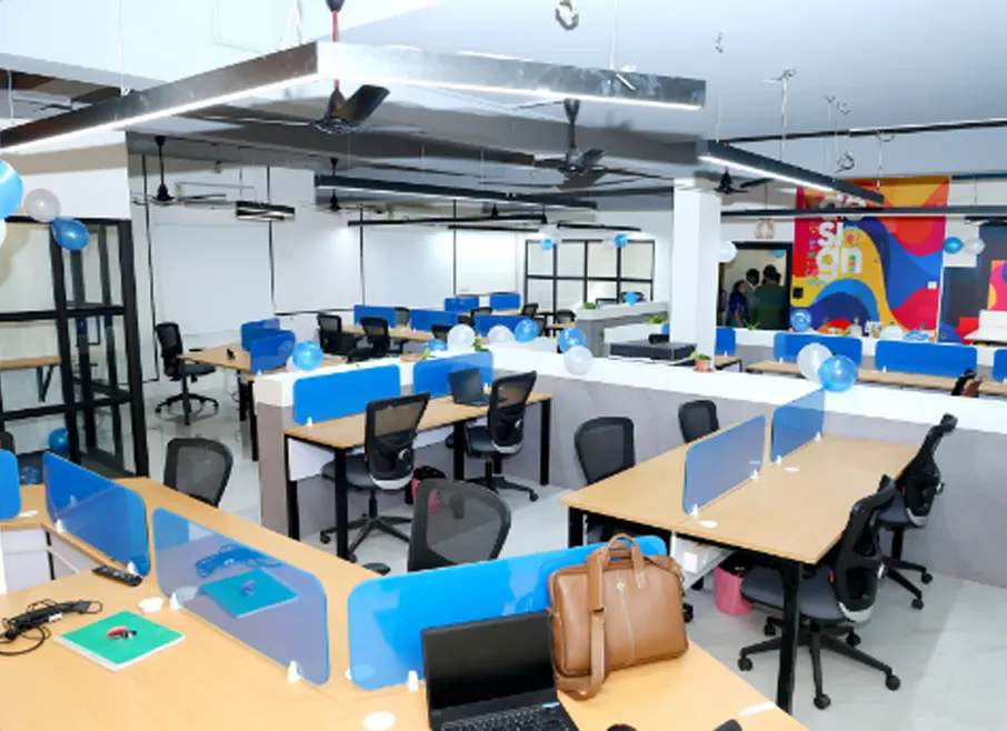 open office workstation layout with modular desks, ergonomic chairs, and efficient space planning for corporate office interior design